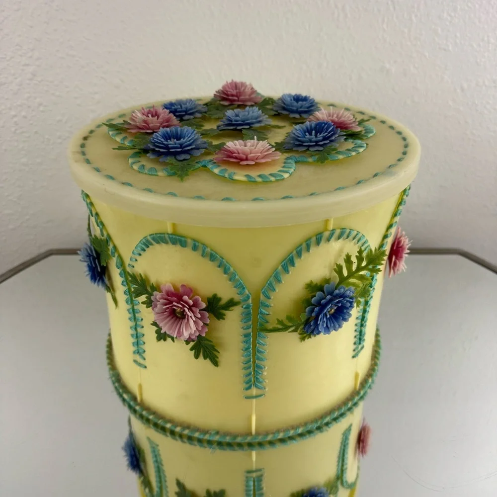 Vintage 70s Handmade Yellow Folk Art Kitschy Floral Ice Cream Bucket Container